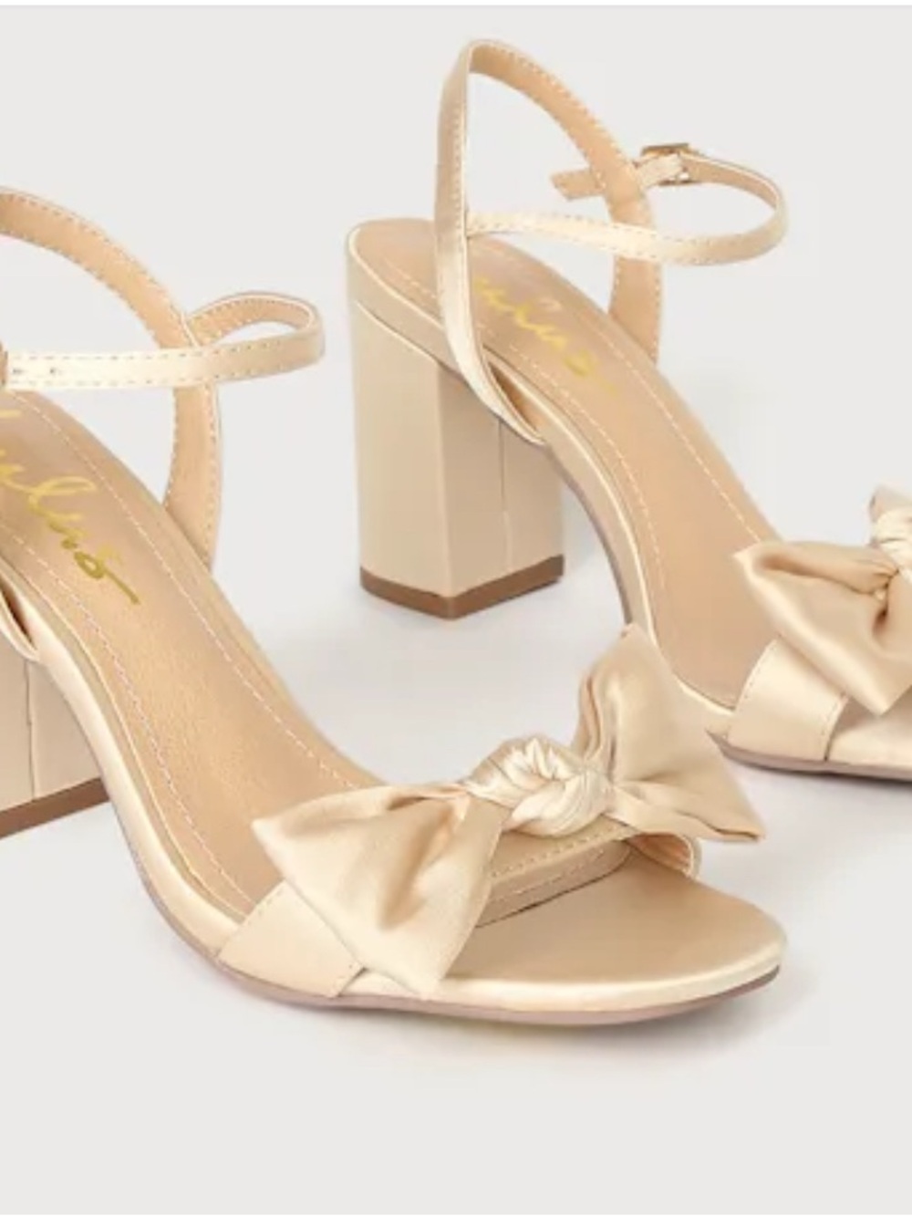 Lulus Aryliana Champagne Satin Bow Ankle Strap High Heel Sandals Beige - Size 7